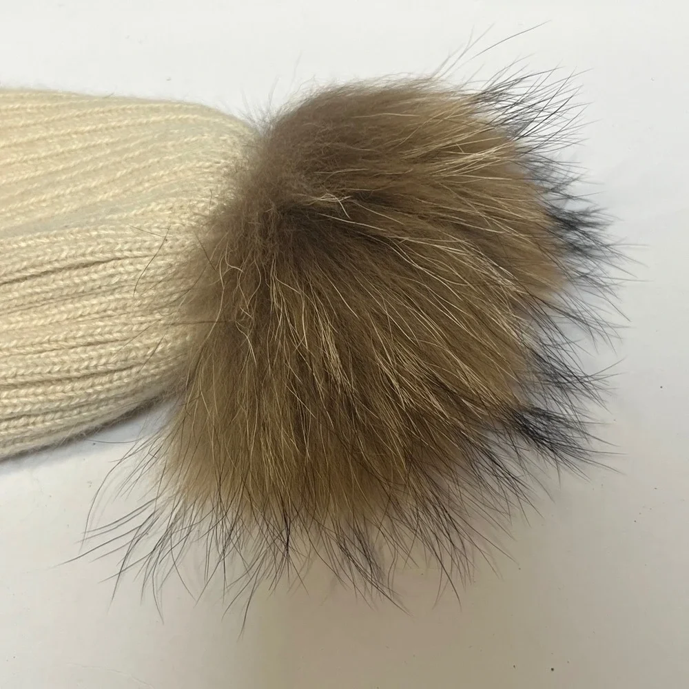 Linda Richards New York Cream Ribbed Knit Beanie Genuine Fur Pom Pom Hat